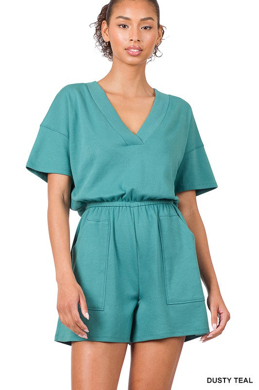 Drop Shoulder V-Neck Romper with Pockets - Zenana