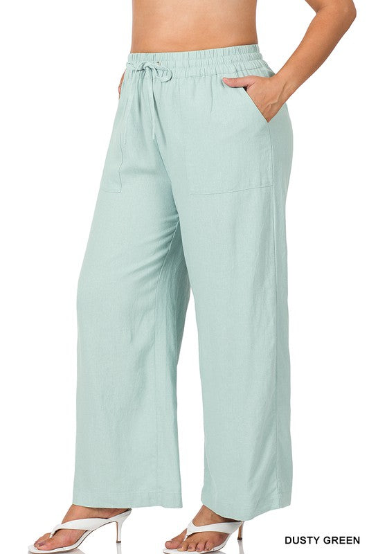 Plus Linen Drawstring-Waist Pants With Pockets - Zenana
