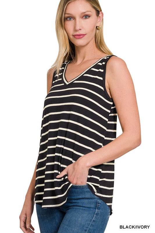 Stripe Sleeveless V-Neck Top - Zenana