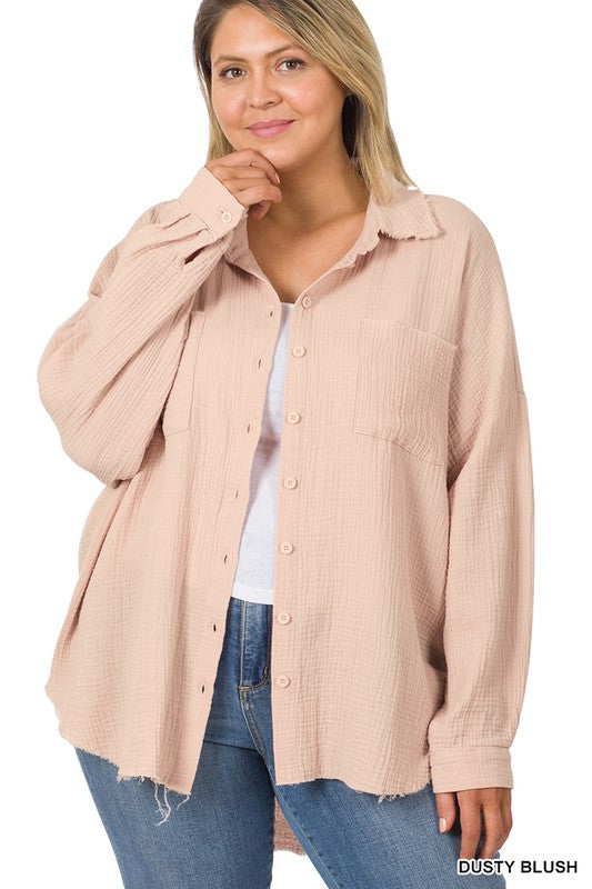 Plus Oversized Raw Edge Shirt - Zenana