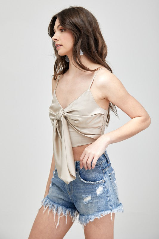 Front Tie-Up Cami Crop Top - Mustard Seed