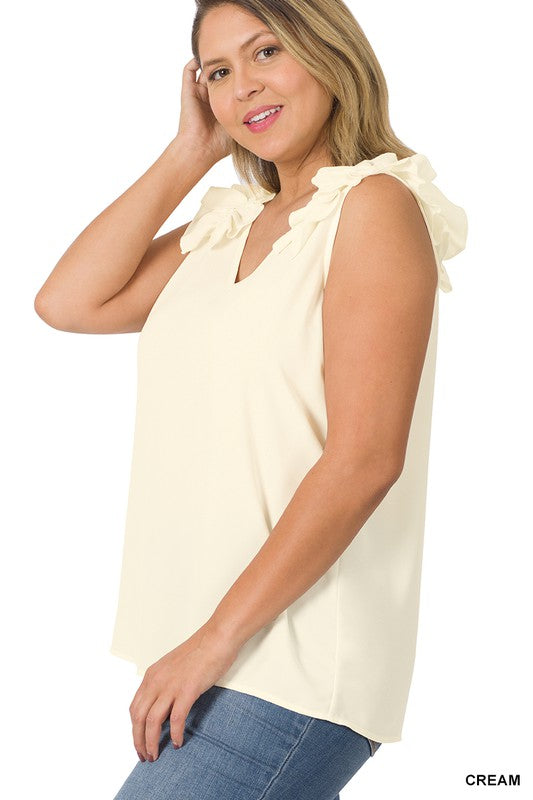 Plus Woven Wool Dobby Ruffle Trim Sleeveless Top - Zenana