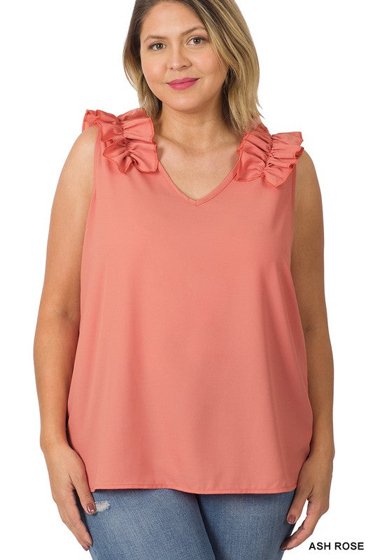 Plus Woven Wool Dobby Ruffle Trim Sleeveless Top - Zenana