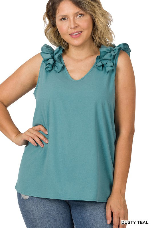 Plus Woven Wool Dobby Ruffle Trim Sleeveless Top - Zenana