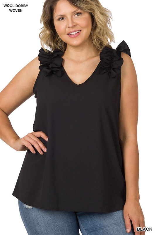 Plus Woven Wool Dobby Ruffle Trim Sleeveless Top - Zenana