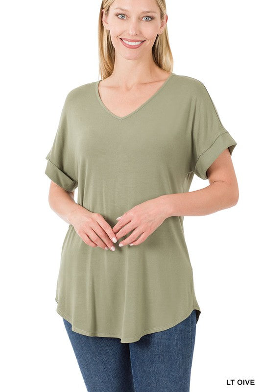 Luxe Rayon Short Cuff Sleeve V-Neck Round Hem Top - Zenana