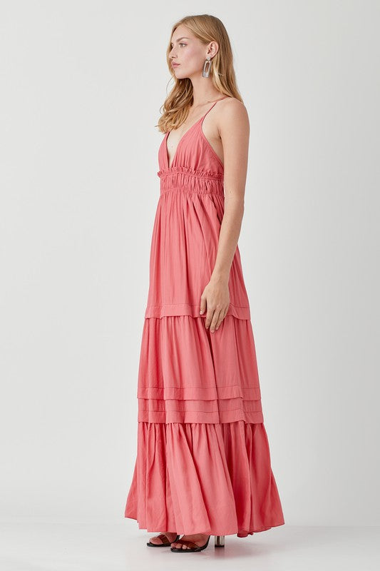 Shirred Ruffle Folded Detail Maxi Dress - Mustard Seed