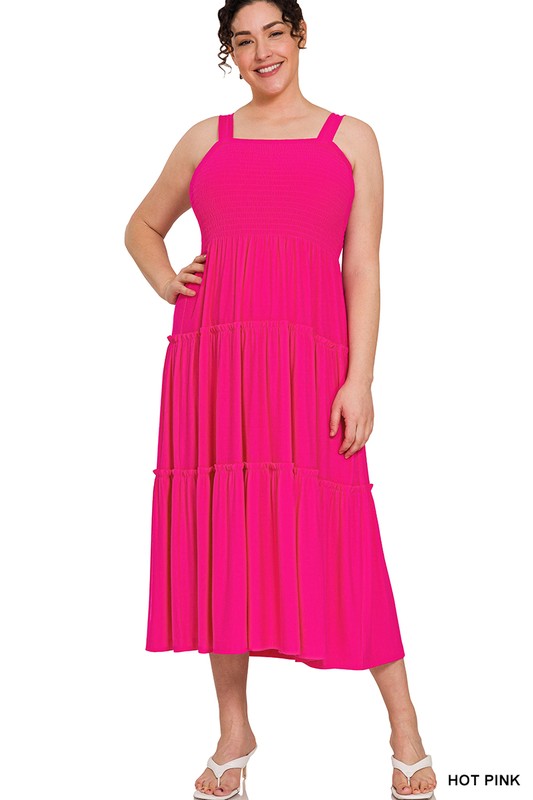 Plus Smocked Tiered Midi Dress - Zenana