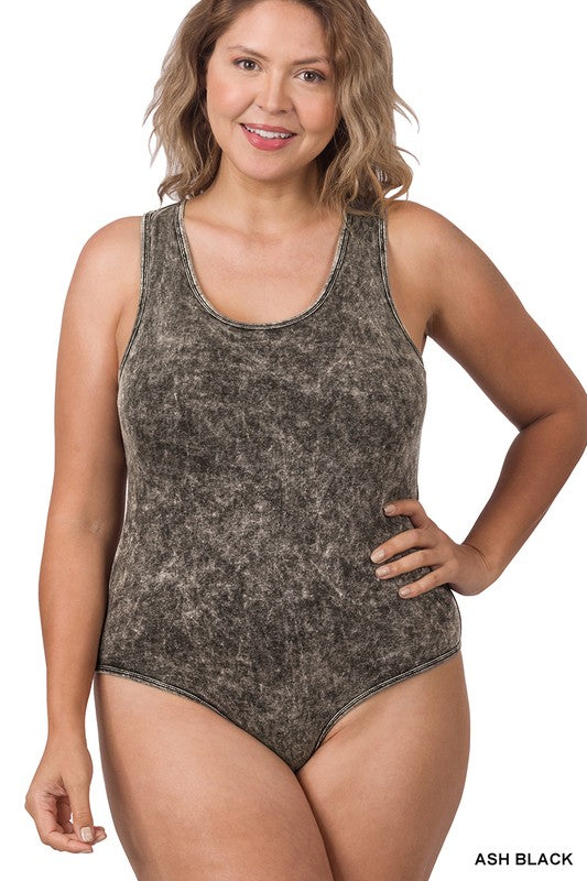 Acid Washed Racerback Tank Bodysuit - Zenana