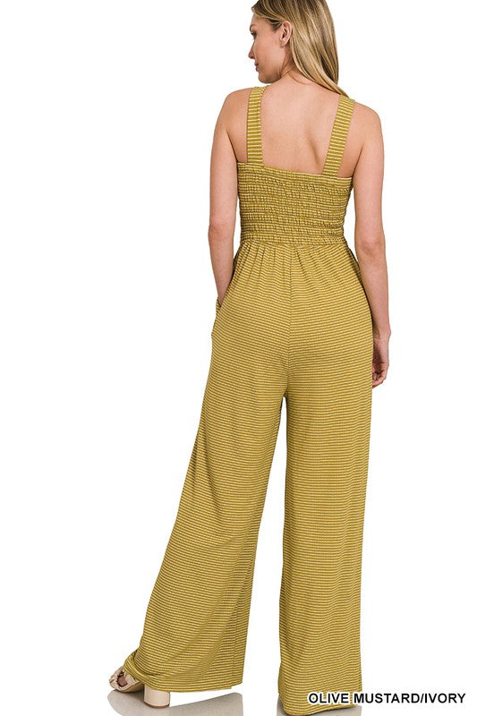 Smocked Top Striped Jumpsuit - Zenana