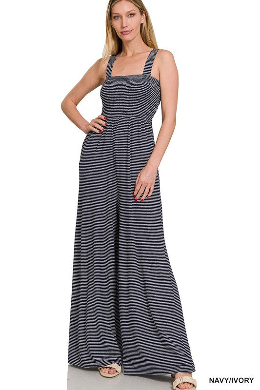 Smocked Top Striped Jumpsuit - Zenana