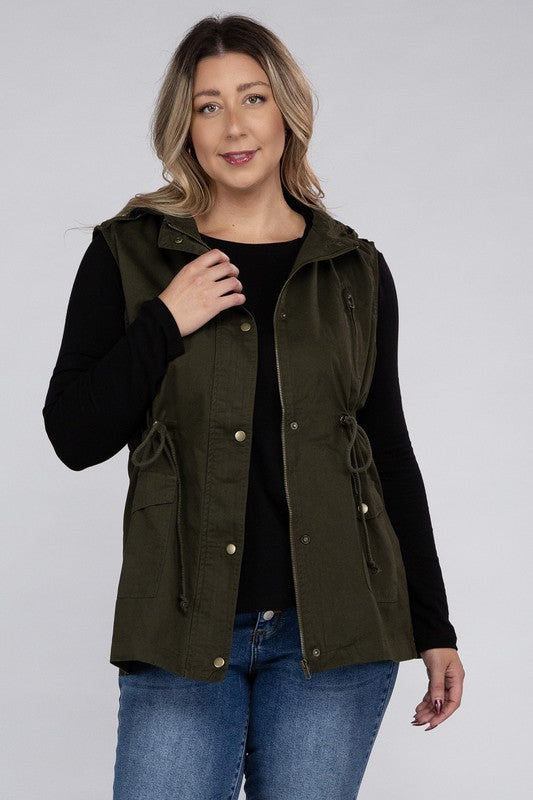 Plus Drawstring Waist Military Hoodie Vest - Zenana