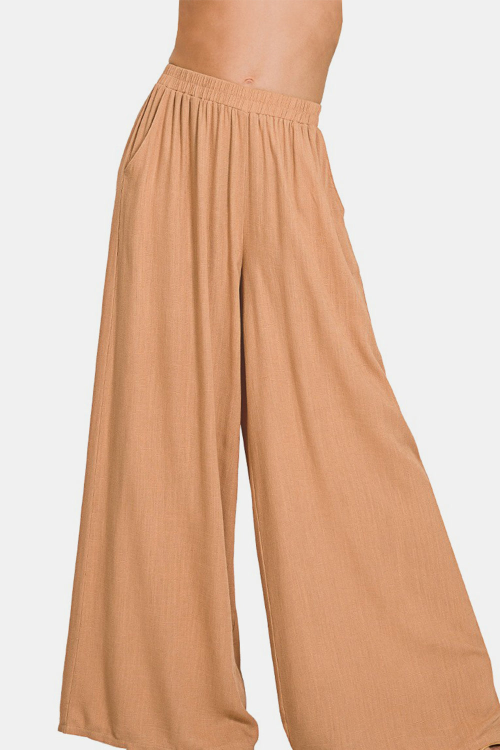 Zenana Pleated Linen Blend Wide Leg Pants - Dk Brush