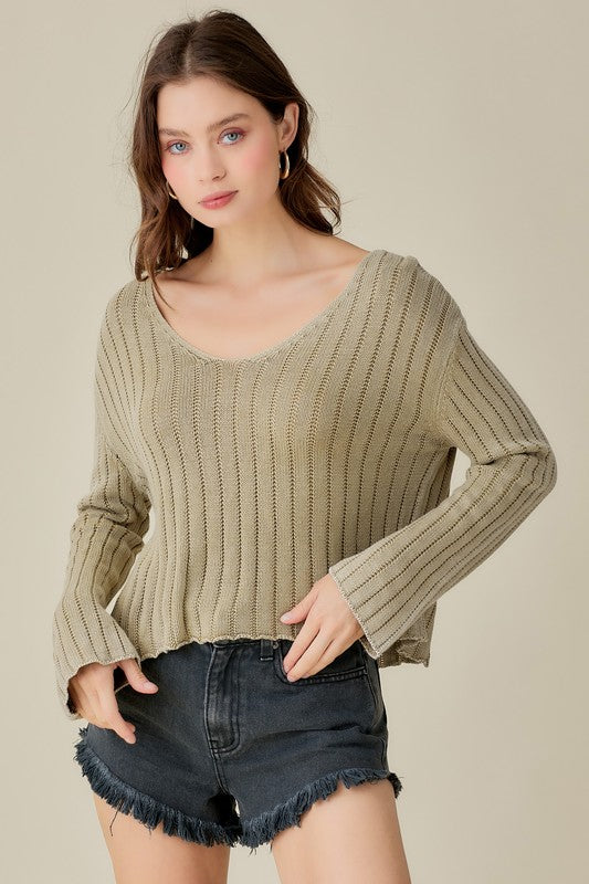 V-Neck Washed Crop Sweater - Mustard Seed