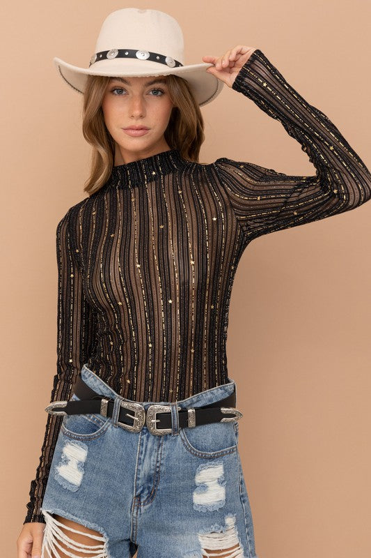 Title Metallic Star Stripe Mesh Mock Neck Top - Blue B