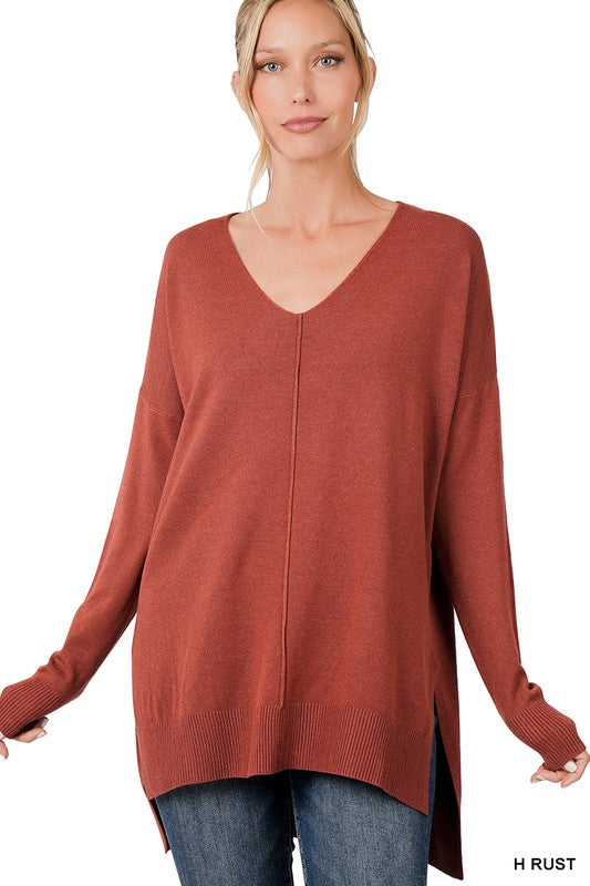 Hi-Low Hem V-Neck Center Seam Sweater - Zenana