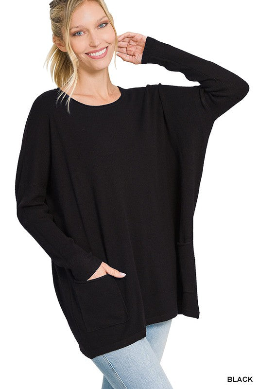 Oversized Front Pocket Sweater - Zenana