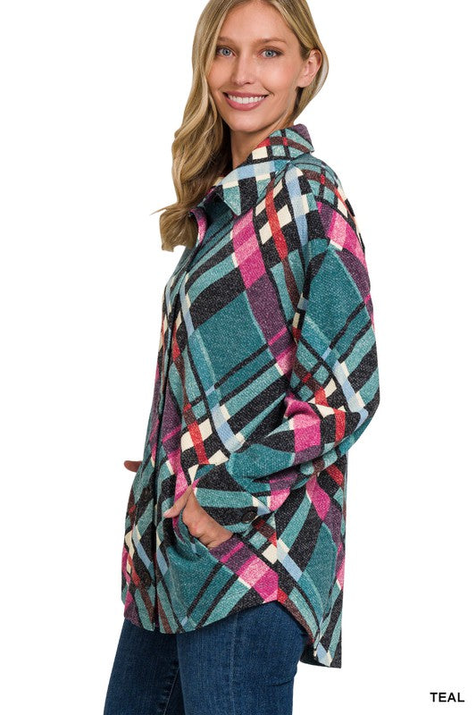 Jacquard Plaid Shacket With Pockets - Zenana