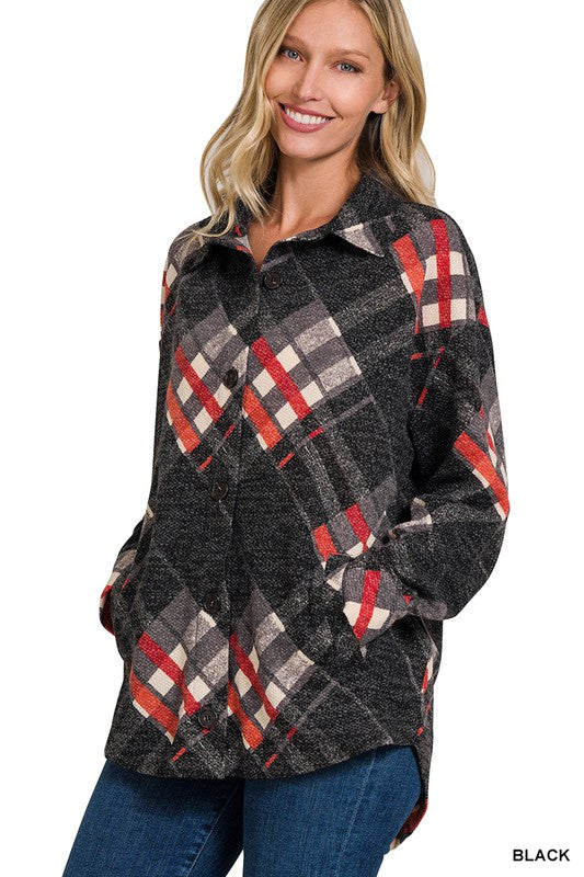 Jacquard Plaid Shacket With Pockets - Zenana