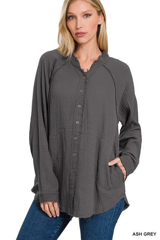 Button Down Raw Edge Shirt - Zenana