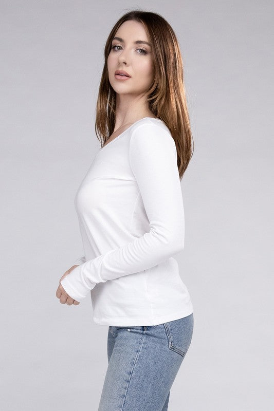 Cotton V-Neck Long Sleeve T-Shirt - Zenana
