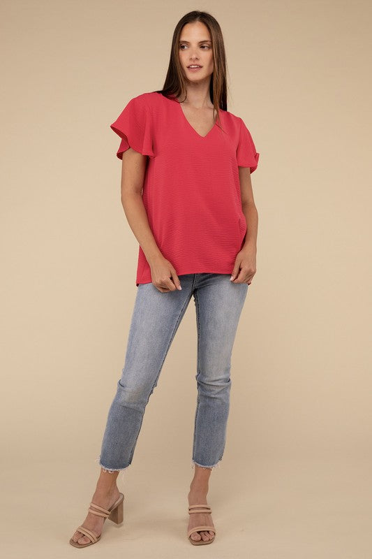 Woven Airflow Flutter Sleeve Top - Zenana