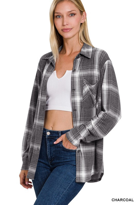 Plaid Shacket With Front Pocket - Zenana