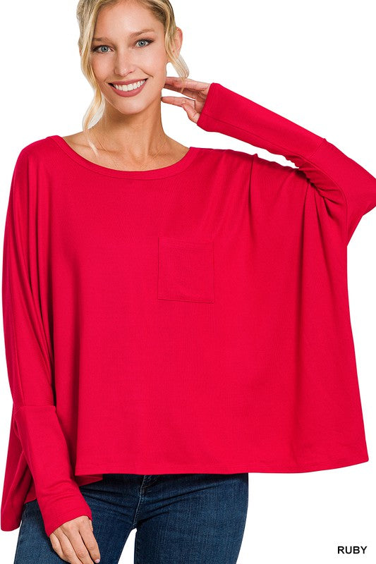 Dolman Sleeve Round Neck Top with Front Pocket - Zenana