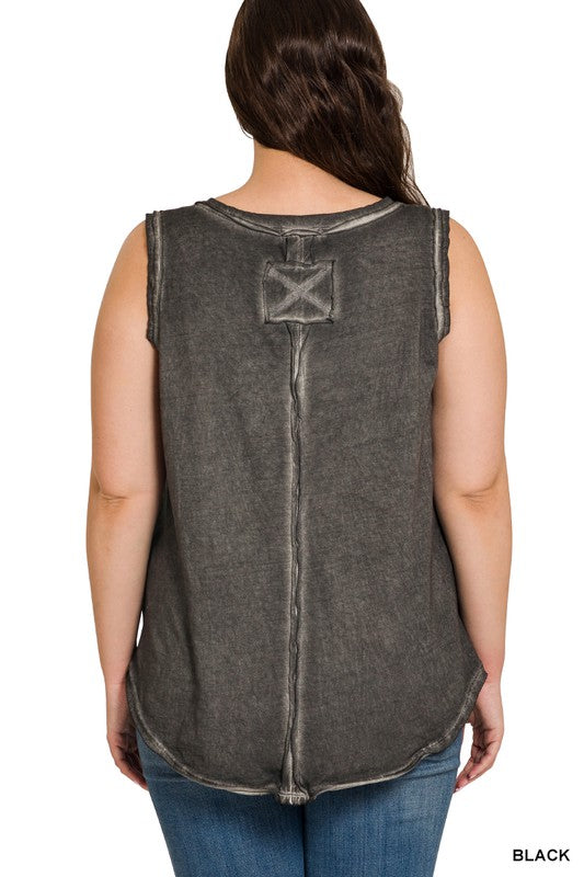 Plus Washed Raw Edge V-Neck Tank Top - Zenana