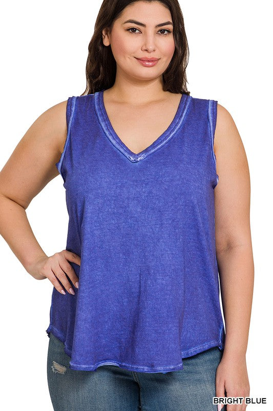 Plus Washed Raw Edge V-Neck Tank Top - Zenana