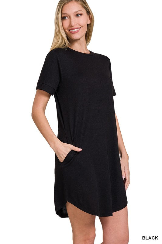 Rolled Short Sleeve Round Neck Dress - Zenana