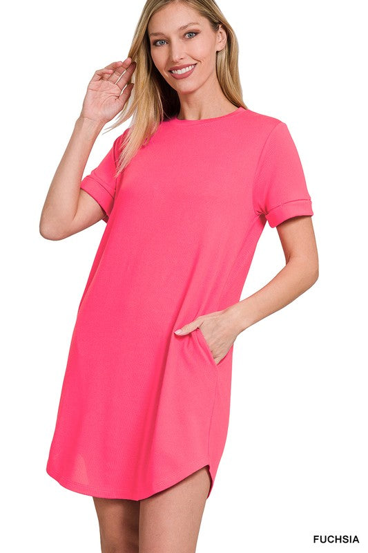 Rolled Short Sleeve Round Neck Dress - Zenana