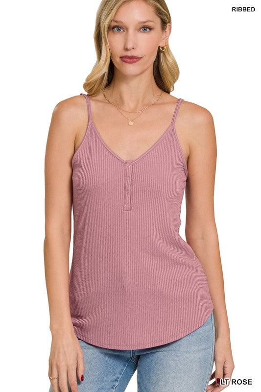 Ribbed Half Snap Button Closure Cami Top - Zenana