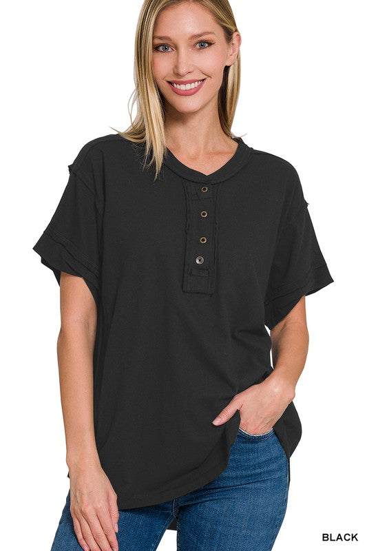 Raw Edge Detailed Button Closure Short Sleeve Top - Zenana