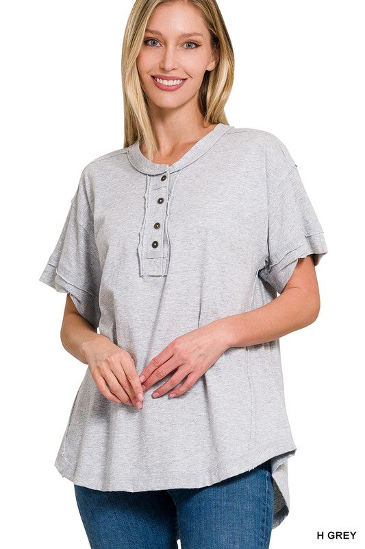 Raw Edge Detailed Button Closure Short Sleeve Top - Zenana