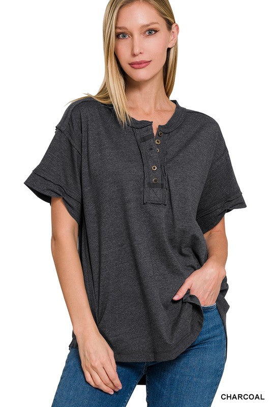 Raw Edge Detailed Button Closure Short Sleeve Top - Zenana