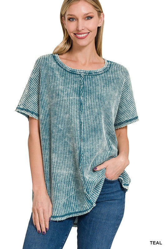 Washed Baby Waffle Short Sleeve Top - Zenana