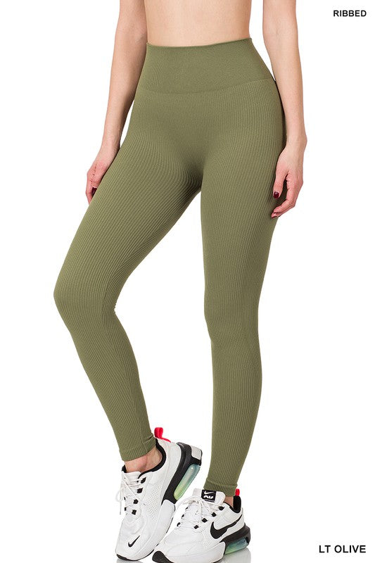 Ribbed Seamless High Waisted Full Length Leggings - Zenana