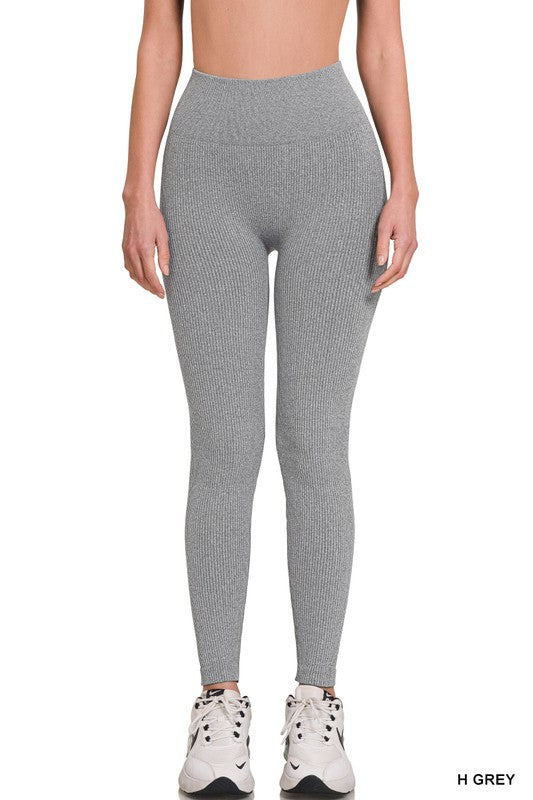 Ribbed Seamless High Waisted Full Length Leggings - Zenana