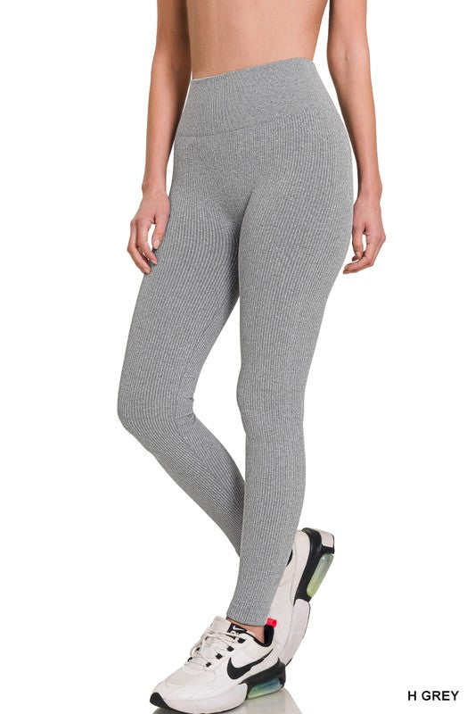 Ribbed Seamless High Waisted Full Length Leggings - Zenana