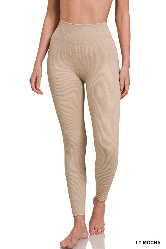 Ribbed Seamless High Waisted Full Length Leggings - Zenana