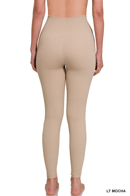 Ribbed Seamless High Waisted Full Length Leggings - Zenana