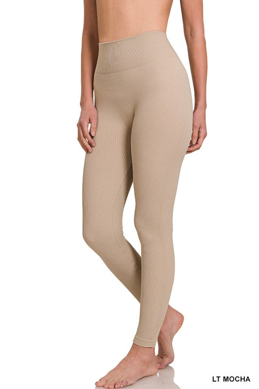 Ribbed Seamless High Waisted Full Length Leggings - Zenana