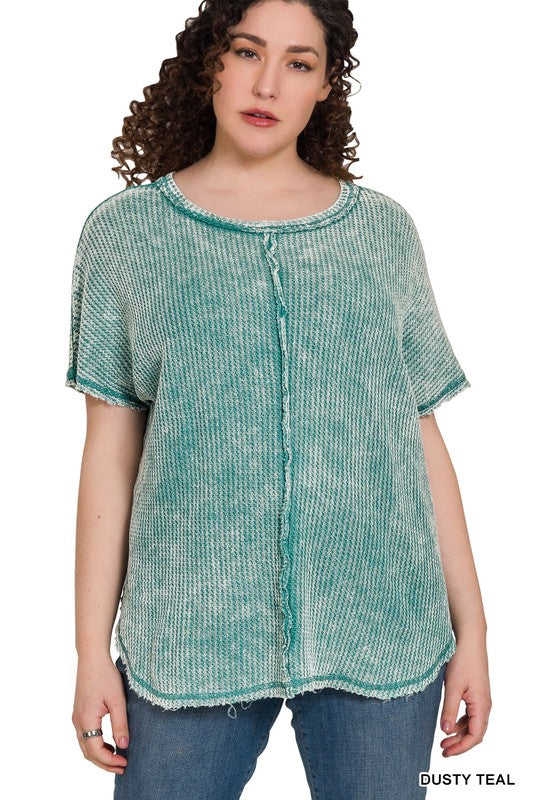 Plus Washed Baby Waffle Short Sleeve Top - Zenana