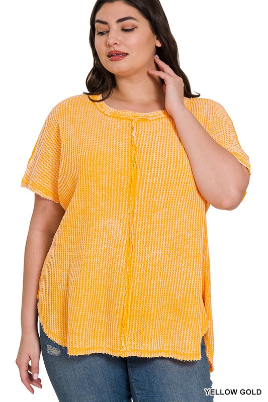 Plus Washed Baby Waffle Short Sleeve Top - Zenana