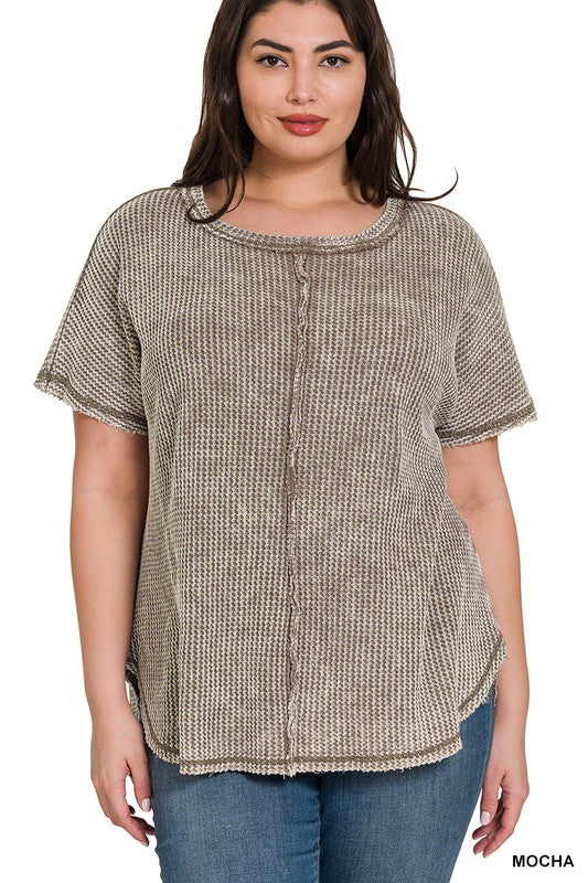 Plus Washed Baby Waffle Short Sleeve Top - Zenana