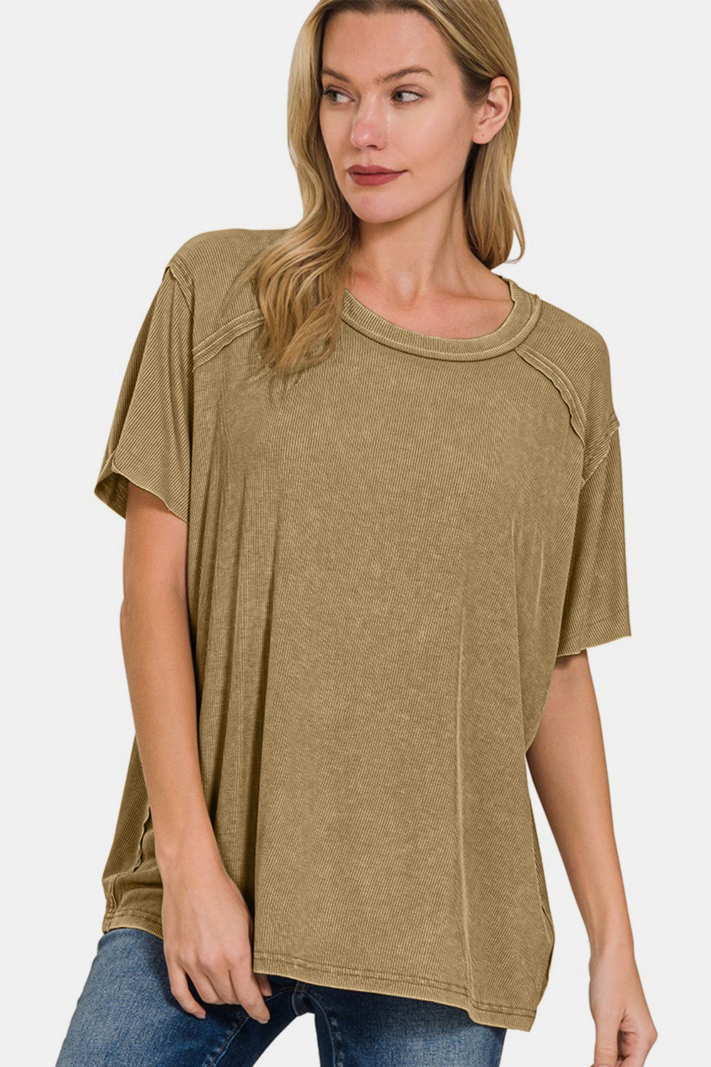 Zenana Washed Ribbed Short Sleeve Top - Mocha