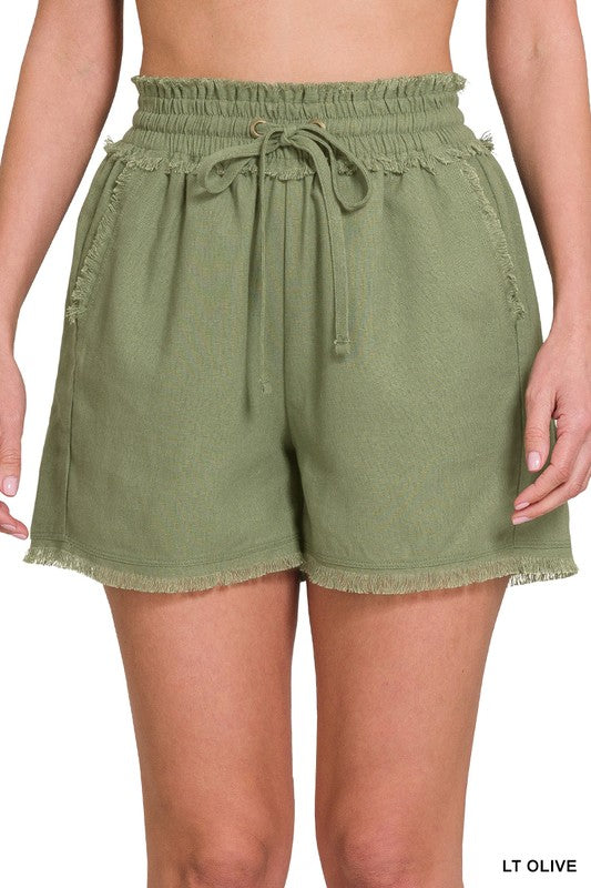 Linen Frayed Hem Drawstring Shorts with Pockets - Zenana