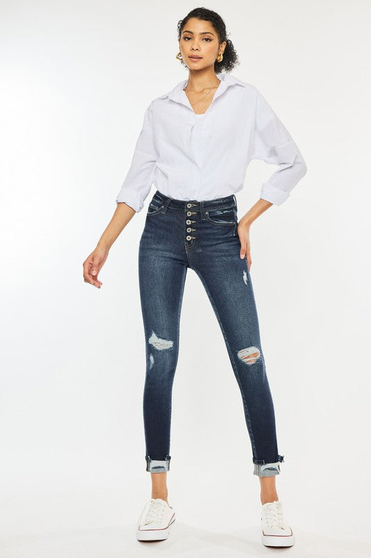 High Rise Button Down Cuffed Ankle Skinny Jeans - KanCan