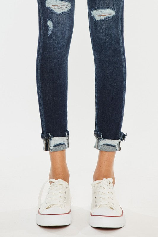 High Rise Button Down Cuffed Ankle Skinny Jeans - KanCan